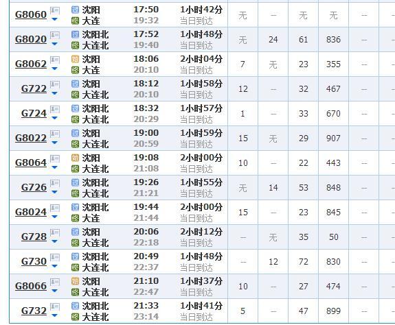 大连到沈阳高铁时刻表查询