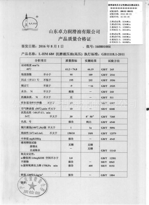 46号液压油标准参数_46号抗磨液压油技术参数