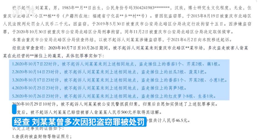 重庆一博士1个月6次偷菜被抓了吗