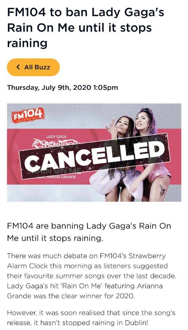 爱尔兰因降雨不断禁播RainOnMe怎么回事？Gaga和A妹新歌被电台禁播