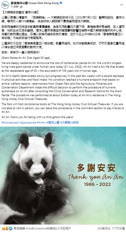35岁大熊猫在香港接受安乐死是怎么回事，关于35岁大熊猫在香港接受安乐死是真的吗的新消息。