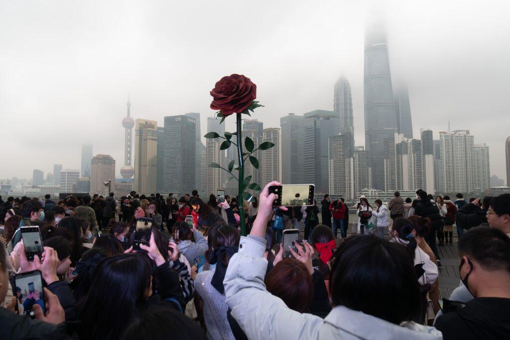 情人节前夕外滩现巨型玫瑰 上海巨型玫瑰花