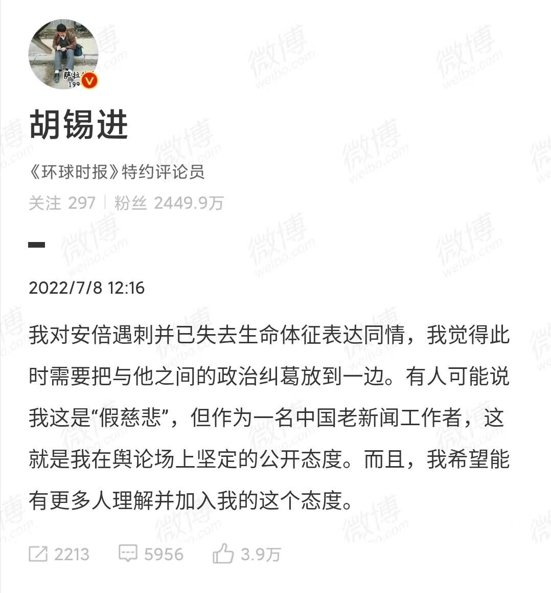 胡锡进谈网民对安倍遇刺拍手称快是怎么回事?