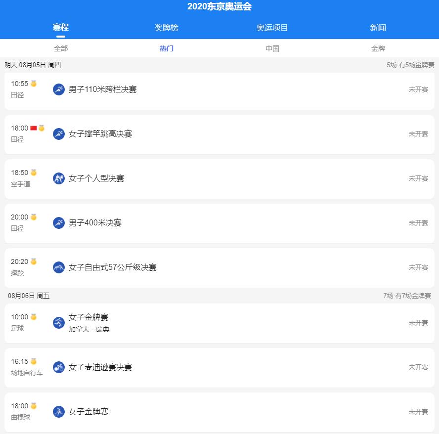 8月5日奥运会比赛详细赛程 8月5日奥运会赛程表详细时间表分享